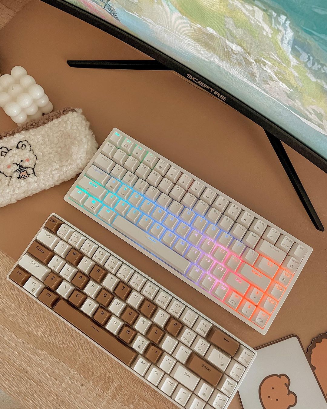 Royal Kludge RK84 Wireless Mechanical gaming keyboard with dynamic RGB backlighting and a sleek white design, showcased alongside a brown keycap set