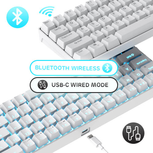 Royal Kludge RK68 keyboard dual connectivity modes, featuring Bluetooth wireless and USB-C wired options, with support for connecting up to four devices
