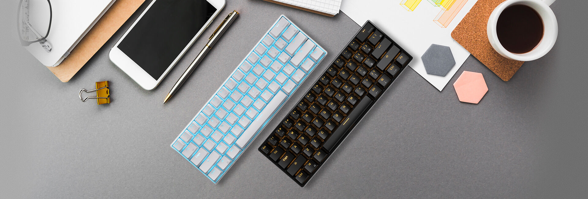 Royal Kludge RK61 60 ultra-compact hot swappable mechanical keyboard available in white and black, featuring a 61-key layout and Single RGB lighting