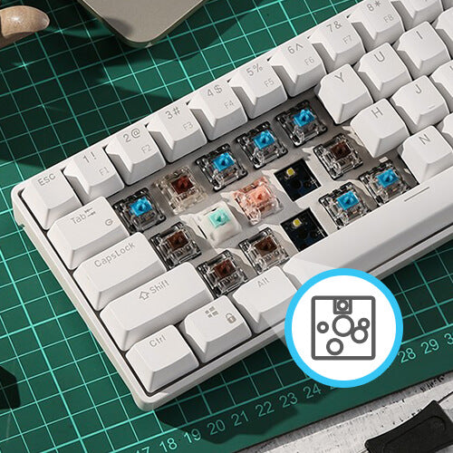 RK61 hot swappable gaming 60 keyboard allows you to replace 3 pins/5 pins switches freely without soldering issue. Enjoy the fun of making your own unique keyboard
