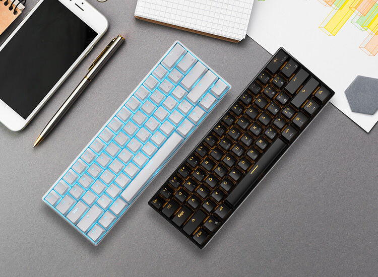 Royal Kludge RK61 60 ultra-compact hot swappable mechanical keyboard available in white and black, featuring a 61-key layout and Single RGB lighting
