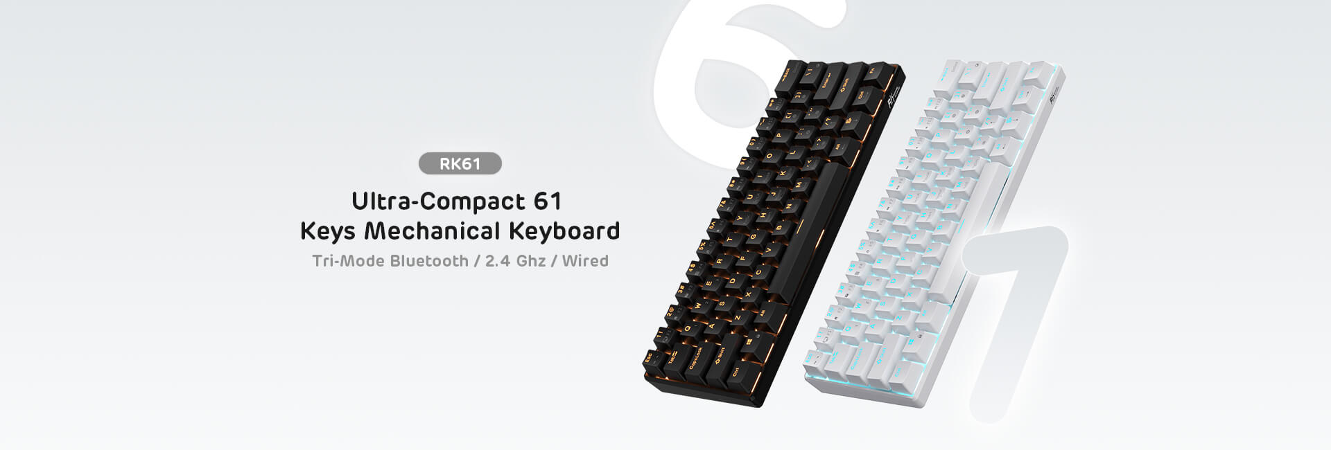 Royal Kludge RK61 ultra-compact 61 keys mechanical keyboard, featuring tri-mode connectivity options: Bluetooth, 2.4 GHz, and wired. Available in black and white