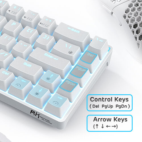 Royal Kludge RK68 65 percent keyboard highlighting its practical extra seven keys, including control and arrow keys, designed for enhanced functionality.