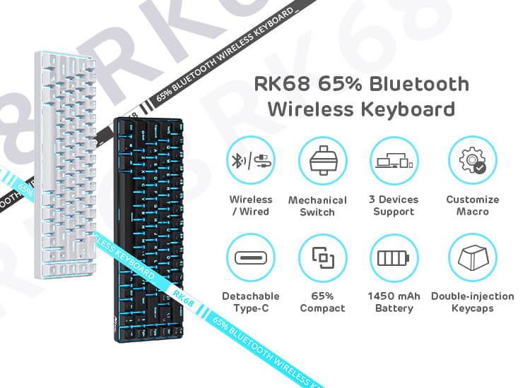 RK68 65% Wireless Mechanical Keyboard showing dual connection modes: Bluetooth and Wired USB-C, with multi-device support