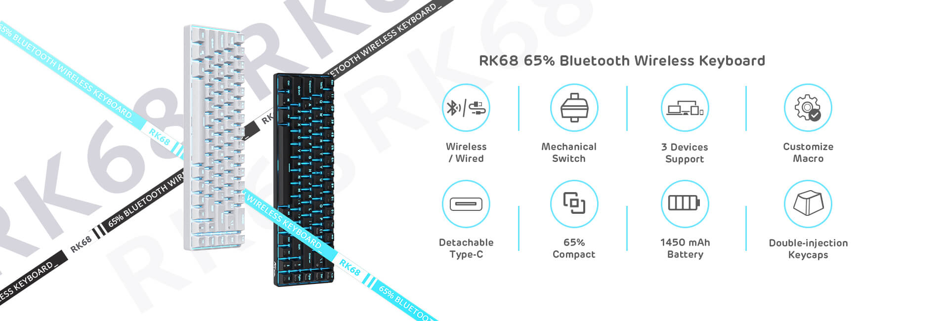 RK68 65% Wireless Mechanical Keyboard showing dual connection modes: Bluetooth and Wired USB-C, with multi-device support