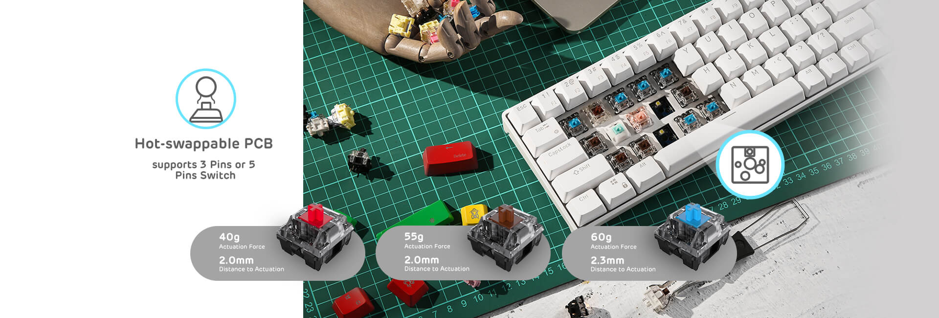 Close-up view of RK68 wireless hot swappable mechanical keyboard switches, featuring Blue, Brown, and Red switch options for personalized tactile feedback