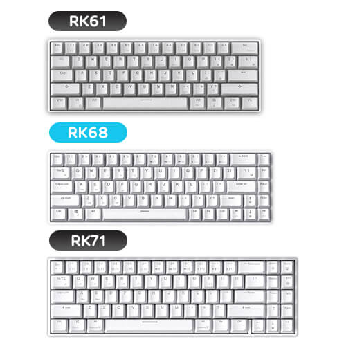 Comparison of Royal Kludge RK61, RK68, and RK71 keyboards, showcasing their compact designs with various key layouts, emphasizing the 68 keys of the RK68 model