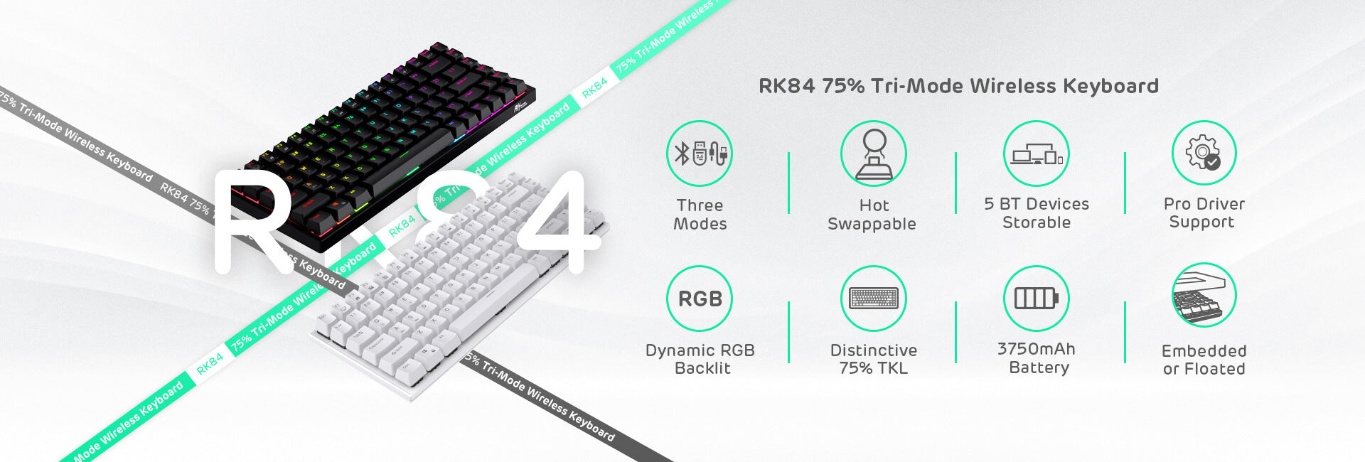 Royal Kludge RK84 75% tri-mode wireless keyboard, highlighting features such as dynamic RGB backlighting, hot-swappable keys, and support for up to five Bluetooth devices