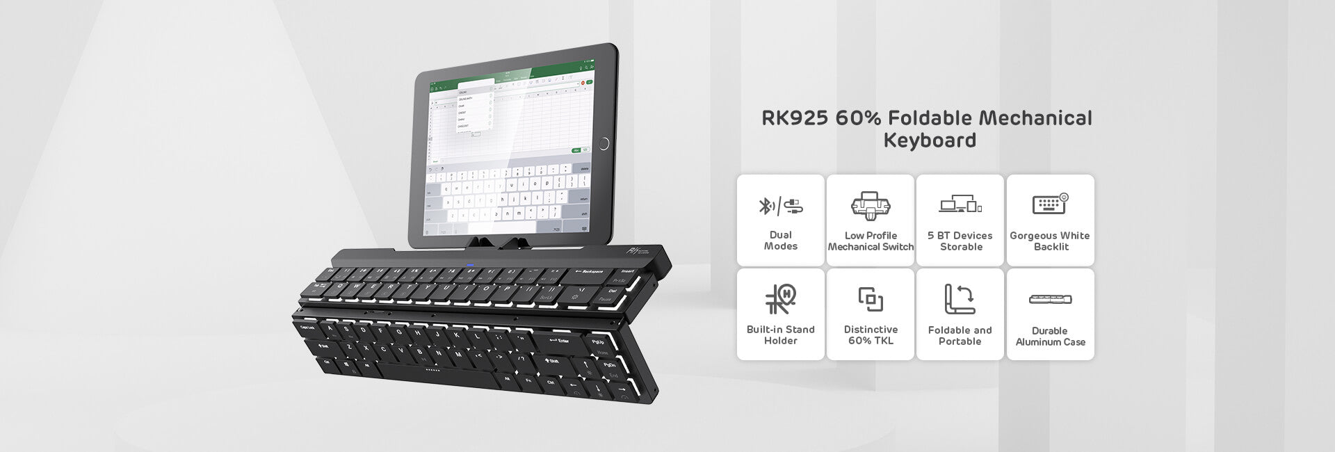  Foldable Low Profile Mechanical Keyboard, Wireless Mechanical Keyboard with Aluminum Body, Built-in Stand Holder, White Backlit, 68 Keys