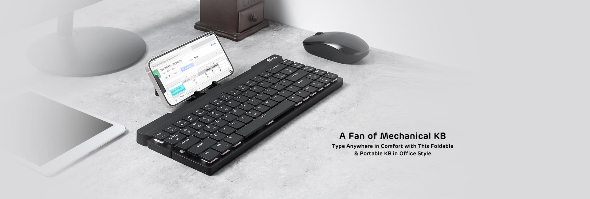  Foldable Low Profile Mechanical Keyboard, Wireless Mechanical Keyboard with Aluminum Body, Built-in Stand Holder, White Backlit, 68 Keys