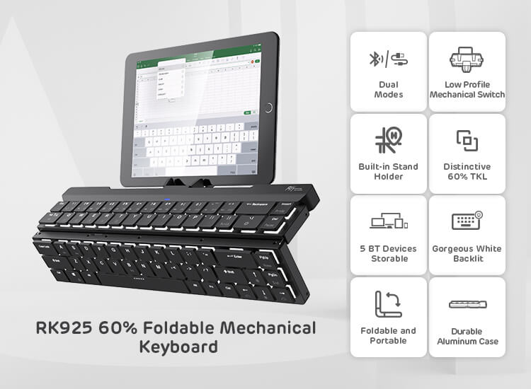  Foldable Low Profile Mechanical Keyboard, Wireless Mechanical Keyboard with Aluminum Body, Built-in Stand Holder, White Backlit, 68 Keys