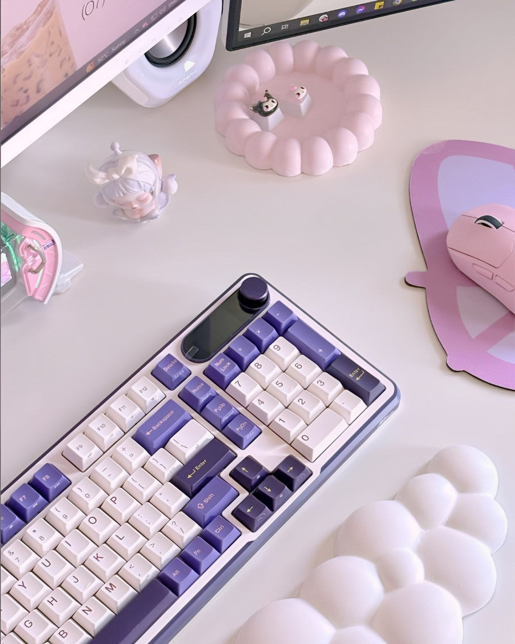 Top view of a Royal Kludge RKS98 Mechanical keyboard Lavender Purple with a mix of white and purple keycaps, alongside decorative cloud-shaped items