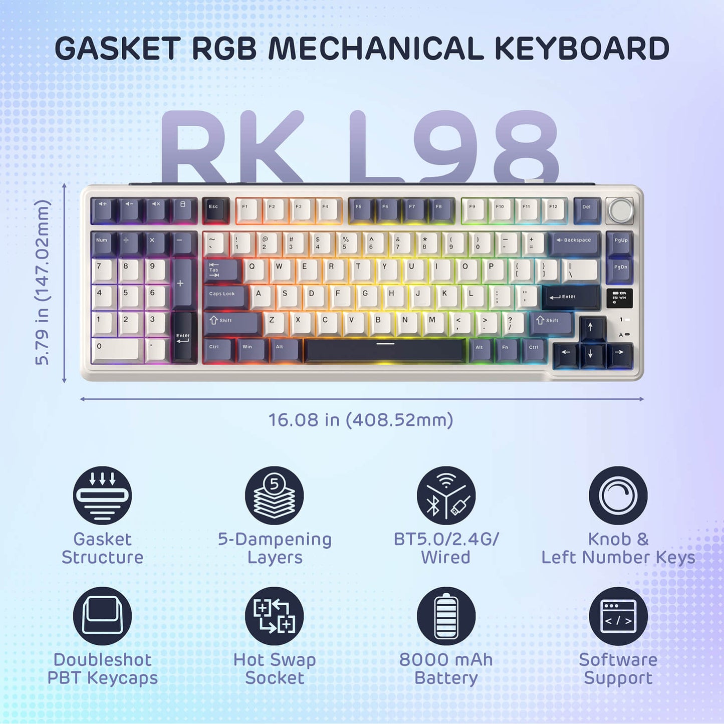 RK ROYAL KLUDGE L98 Wireless Mechanical Keyboard w/ Left-handed Southpaw Design Numpad & Hot Swappable Knob, Tri-Mode 95% Keyboard BT/2.4G/USB-C, Pro Software, Gasket Mount, Massive 8000mAh Battery