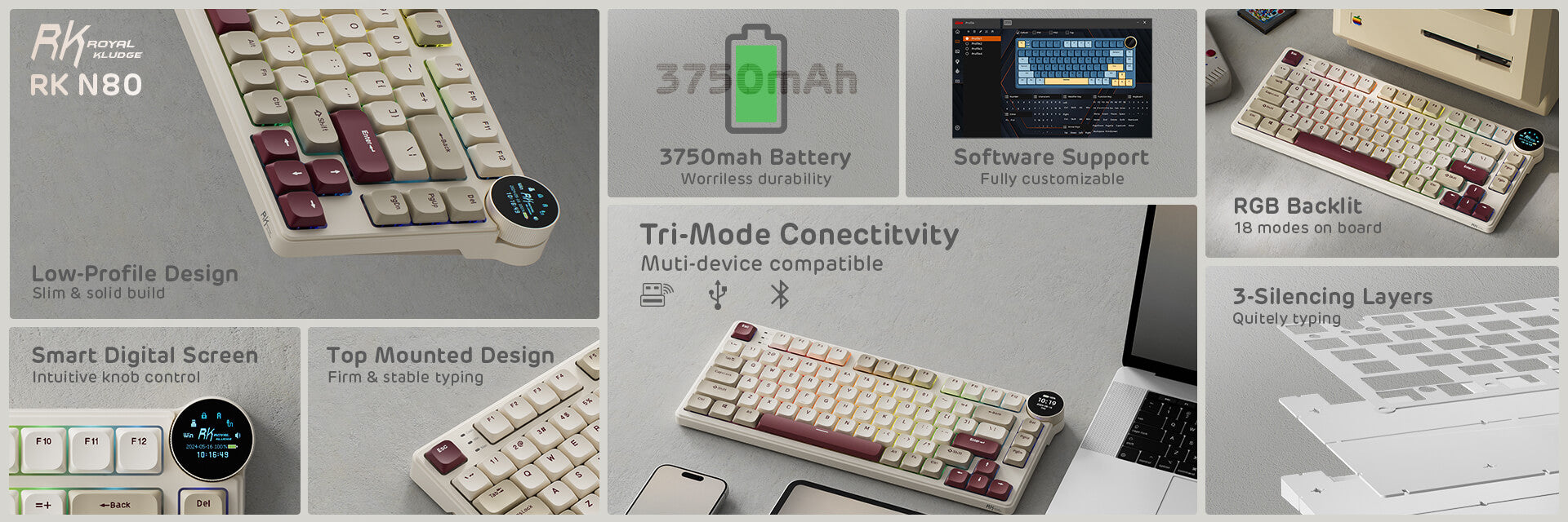 Royal Kludge N80 Top Mount 75% Wireless Keyboard featuring a 3750mAh battery, tri-mode connectivity, low-profile design, and customizable RGB backlighting
