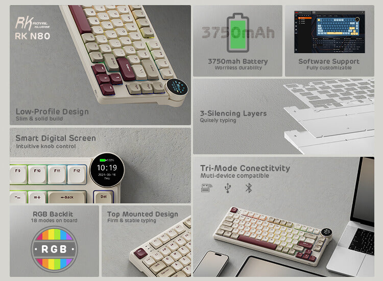 Royal Kludge N80 Top Mount 75% Wireless Keyboard featuring a 3750mAh battery, tri-mode connectivity, low-profile design, and customizable RGB backlighting