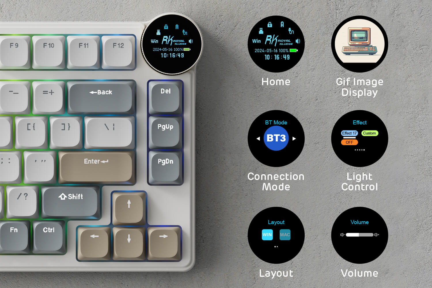 N80 Low Profile RGB Mechanical Keyboard with compact screen displaying connection modes, battery status, and customizable GIFs