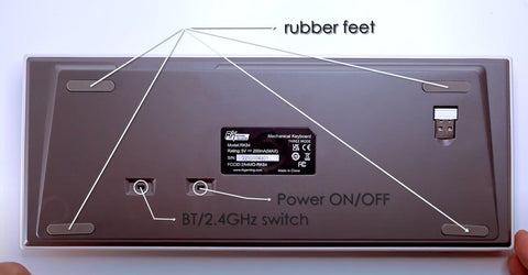 Back view of the RK84 keyboard highlighting its kickstand feet, wireless switch, and overall build design
