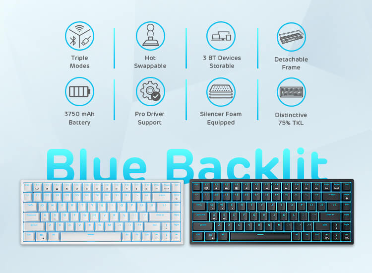 RK ROYAL KLUDGE RK84 Wireless Blue Backlit 75% Triple Mode BT5.0/2.4G/USB-C Hot Swappable Mechanical Keyboard, 84 Keys Tenkeyless Mechanical Keyboard w/Programmable Software, Blue Switch