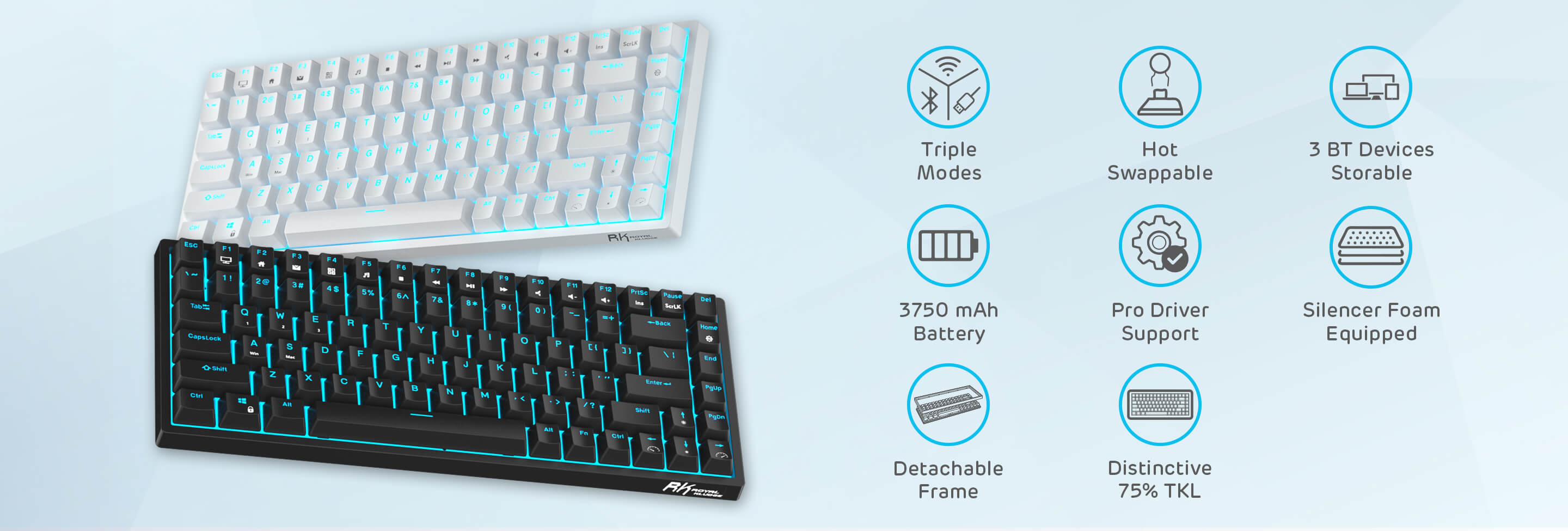 RK ROYAL KLUDGE RK84 Wireless Blue Backlit 75% Triple Mode BT5.0/2.4G/USB-C Hot Swappable Mechanical Keyboard, 84 Keys Tenkeyless Mechanical Keyboard w/Programmable Software, Blue Switch