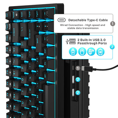 hotswap 75 keyboard with 2 built-in USB pass-through ports and 1 Type-C Port
