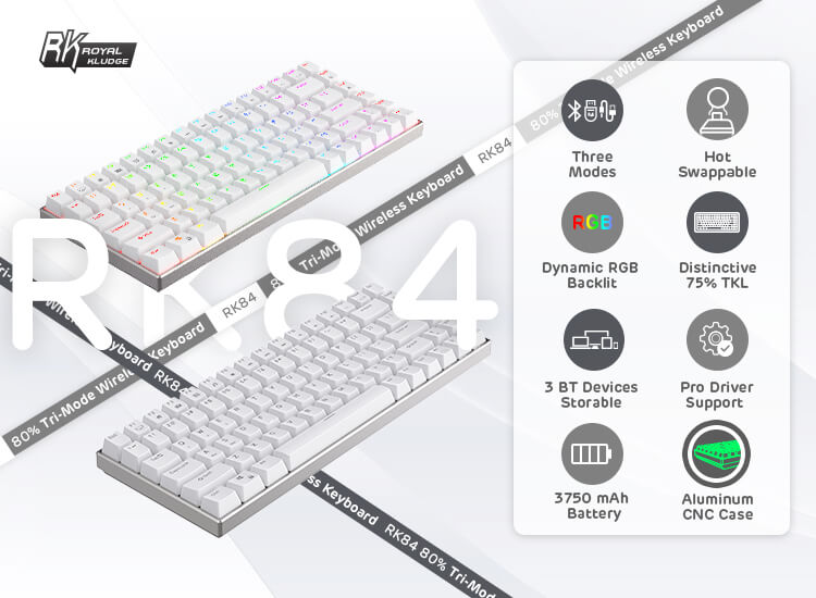 RK ROYAL KLUDGE RK84 Pro RGB 75% Triple Mode BT5.0/2.4G/USB-C Hot Swappable Mechanical Keyboard, 84 Keys Wireless Gaming Keyboard with Aluminum Frame, Clicky Blue Switch
