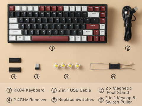 Unboxing the Royal Kludge RK84 Limited Edition, showing keyboard, cable, keycap puller, and accessories included in the box