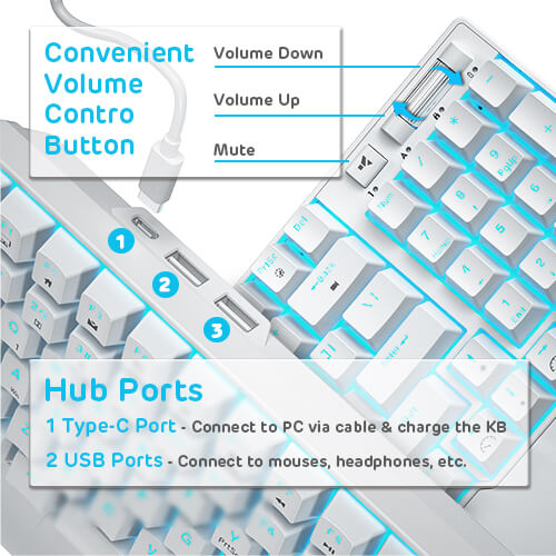 RK ROYAL KLUDGE RK96 90% Triple Mode BT5.0/2.4G/USB-C Hot Swappable Mechanical Keyboard with volume control buttons and multiple USB ports for easy connectivity