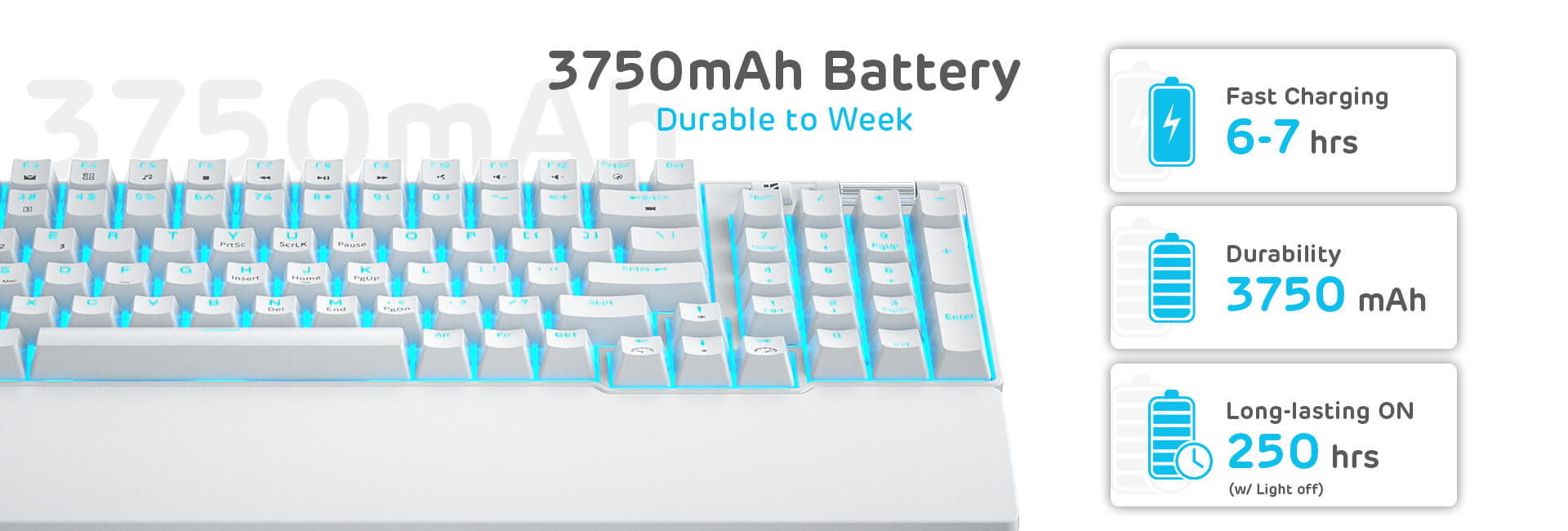 3750mAh battery of the ROYAL KLUDGE RK96 Wireless 96 Keys 96% Mechanical Gaming Keyboard featuring fast charging in 6-7 hours and long-lasting performance of up to 250 hours