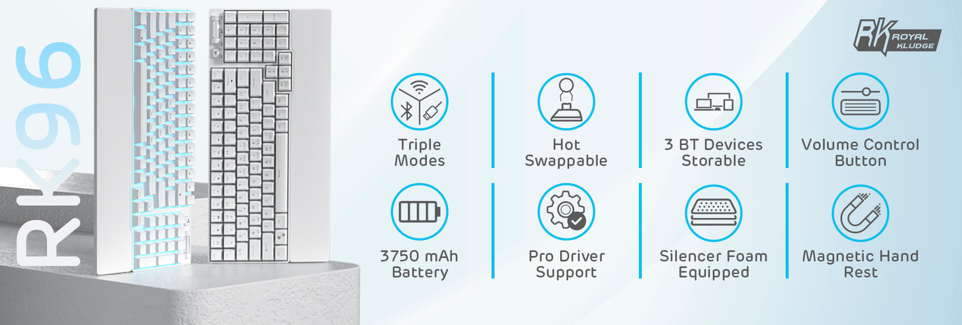 Overview of Royal Kludge RK96 keyboard features: triple modes, hot-swappable design, 3750mAh battery, volume control, and pro driver support
