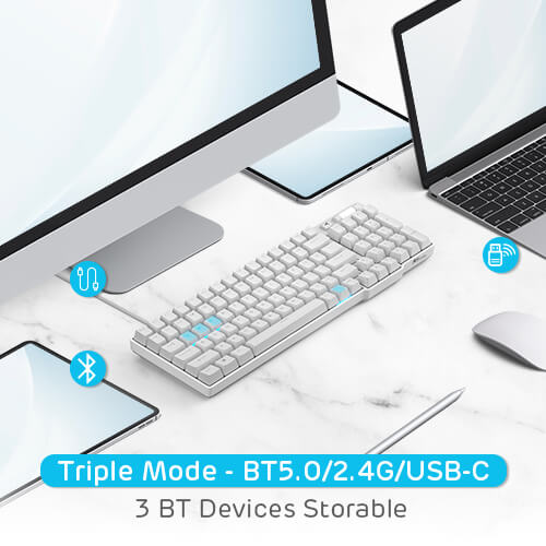 RK ROYAL KLUDGE RK96 90% Triple Mode BT5.0/2.4G/USB-C Hot Swappable Mechanical Keyboard Bluetooth 5.0, 2.4GHz wireless, and USB-C with support for three Bluetooth devices