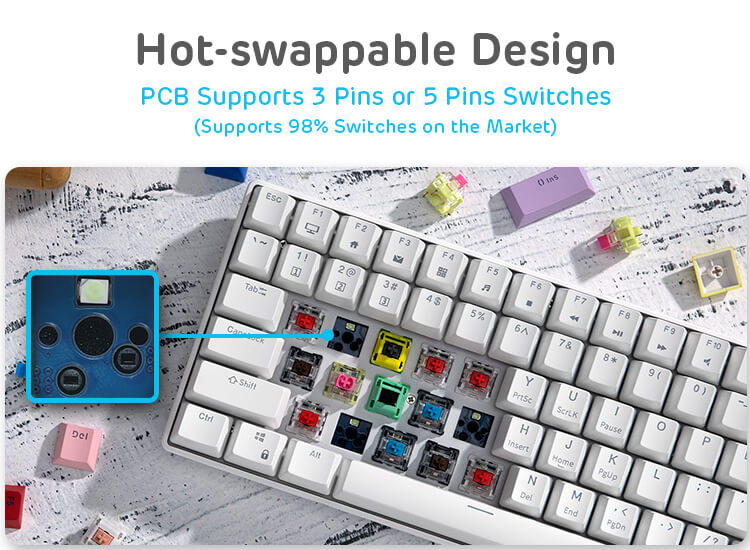 Hot-swappable design of the Royal Kludge RK96 keyboard, showcasing PCB compatibility with 3-pin and 5-pin switches