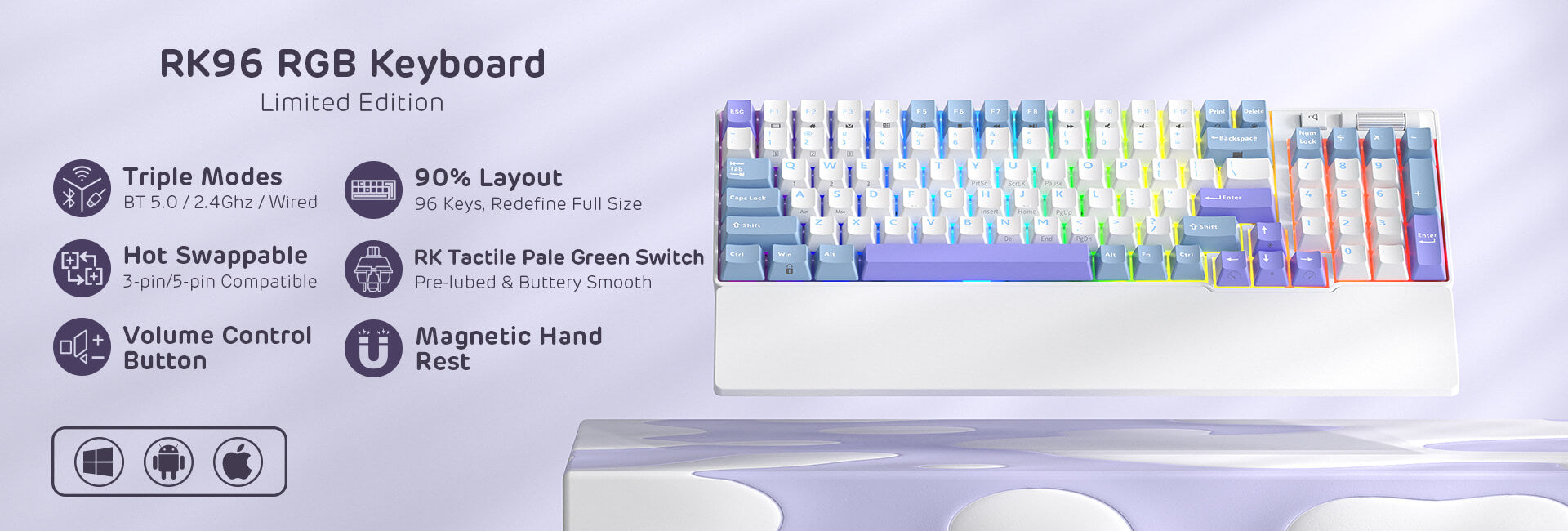 RK ROYAL KLUDGE RK96 RGB Limited Ed, 90% 96 Keys Wireless 3-Mode BT5.0/2.4G/USB-C Hot Swappable Mechanical Keyboard w/Wrist Rest, Volume Control, Software, Massive Battery, RK Viridian Switch