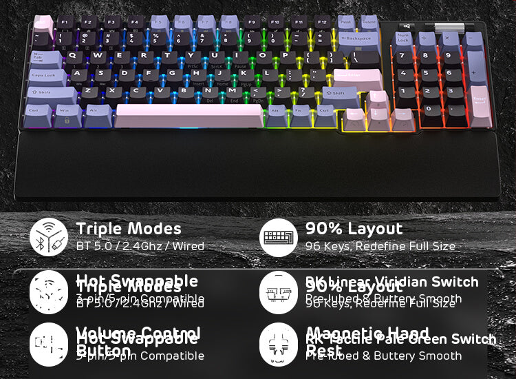RK ROYAL KLUDGE RK96 RGB Limited Ed, 90% 96 Keys Wireless 3-Mode BT5.0/2.4G/USB-C Hot Swappable Mechanical Keyboard w/Wrist Rest, Volume Control, Software, Massive Battery, RK Viridian Switch