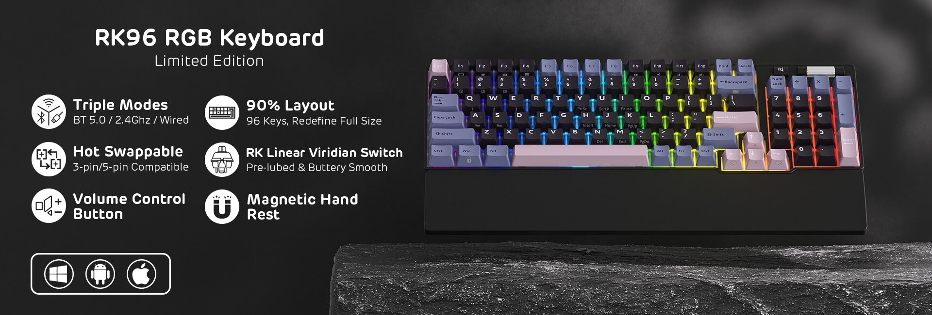 RK ROYAL KLUDGE RK96 RGB Limited Ed, 90% 96 Keys Wireless 3-Mode BT5.0/2.4G/USB-C Hot Swappable Mechanical Keyboard w/Wrist Rest, Volume Control, Software, Massive Battery, RK Viridian Switch