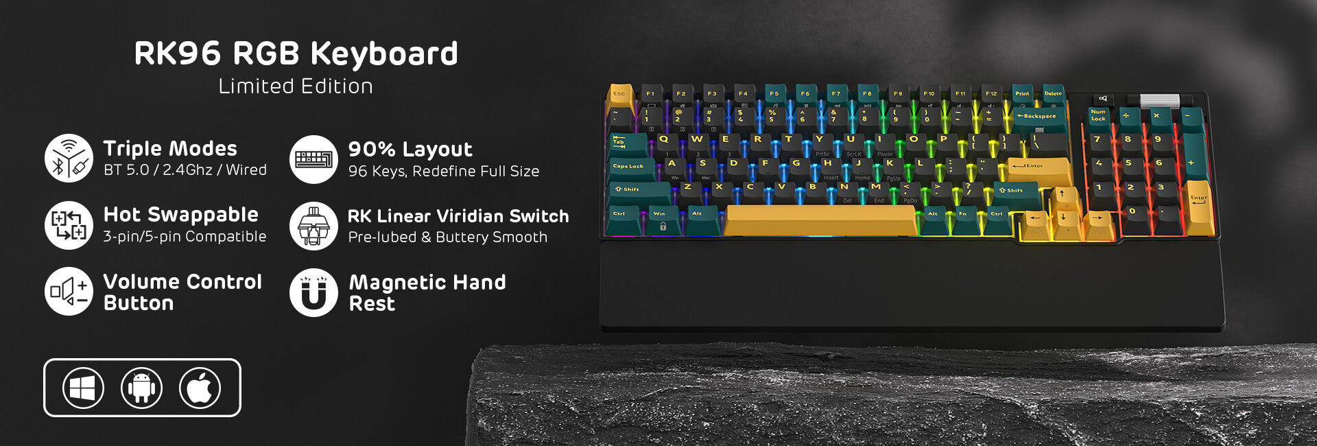 RK ROYAL KLUDGE RK96 RGB Limited Ed, 90% 96 Keys Wireless 3-Mode BT5.0/2.4G/USB-C Hot Swappable Mechanical Keyboard w/Wrist Rest, Volume Control, Software, Massive Battery, RK Viridian Switch