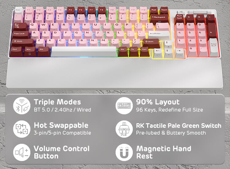 RK ROYAL KLUDGE RK96 RGB Limited Ed, 90% 96 Keys Wireless 3-Mode BT5.0/2.4G/USB-C Hot Swappable Mechanical Keyboard w/Wrist Rest, Volume Control, Software, Massive Battery, RK Viridian Switch