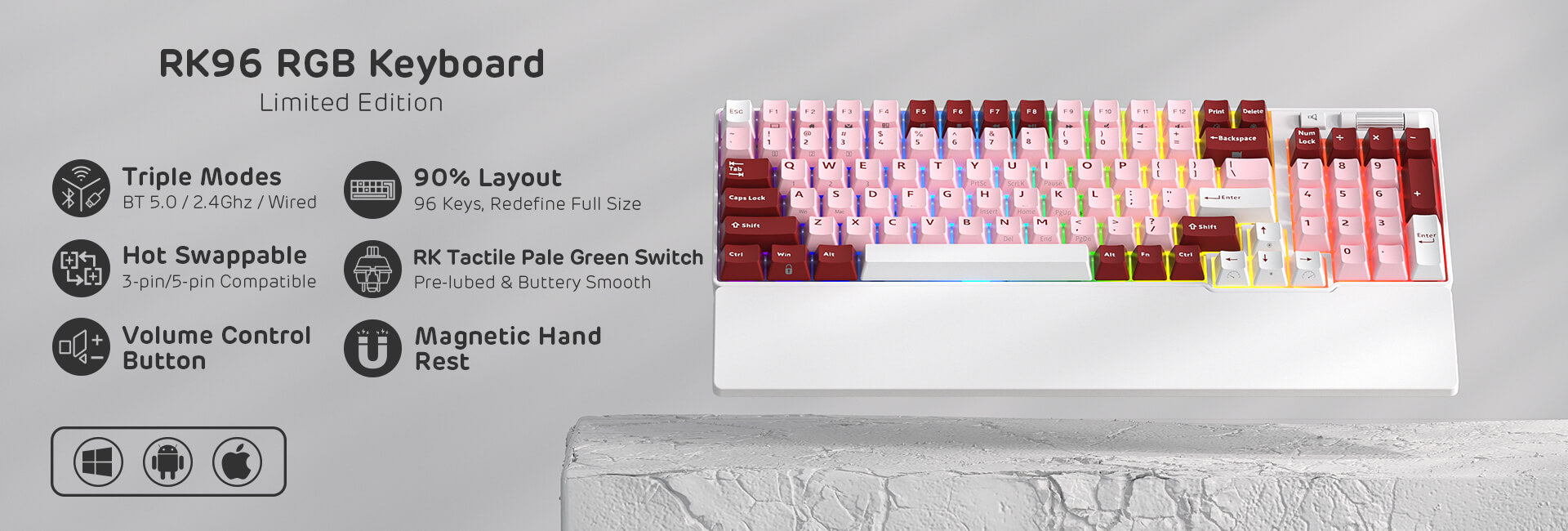 RK ROYAL KLUDGE RK96 RGB Limited Ed, 90% 96 Keys Wireless 3-Mode BT5.0/2.4G/USB-C Hot Swappable Mechanical Keyboard w/Wrist Rest, Volume Control, Software, Massive Battery, RK Viridian Switch