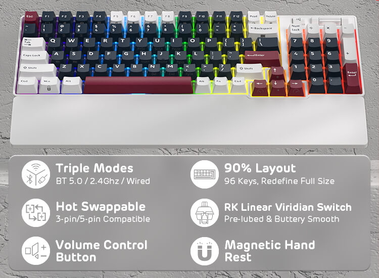 RK ROYAL KLUDGE RK96 RGB Limited Ed, 90% 96 Keys Wireless 3-Mode BT5.0/2.4G/USB-C Hot Swappable Mechanical Keyboard w/Wrist Rest, Volume Control, Software, Massive Battery, RK Viridian Switch