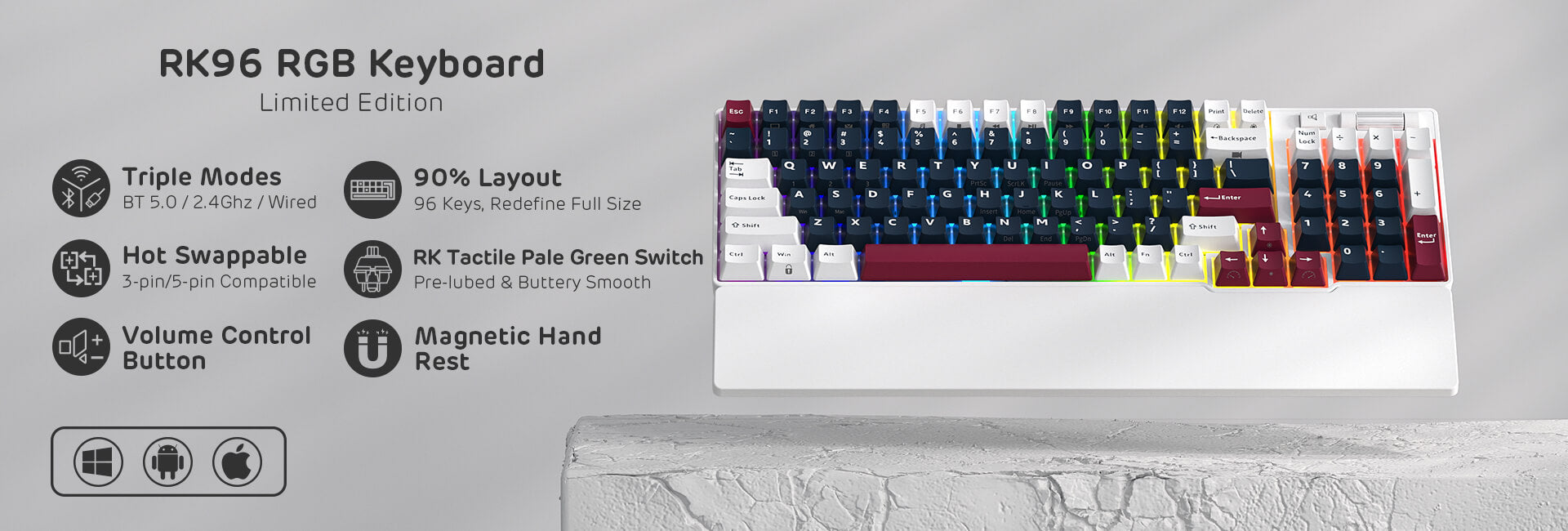RK ROYAL KLUDGE RK96 RGB Limited Ed, 90% 96 Keys Wireless 3-Mode BT5.0/2.4G/USB-C Hot Swappable Mechanical Keyboard w/Wrist Rest, Volume Control, Software, Massive Battery, RK Viridian Switch
