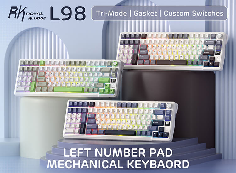 RK ROYAL KLUDGE L98 Wireless Mechanical Keyboard w/ Left-handed Southpaw Design Numpad & Hot Swappable Knob, Tri-Mode 95% Keyboard BT/2.4G/USB-C, Pro Software, Gasket Mount, Massive 8000mAh Battery