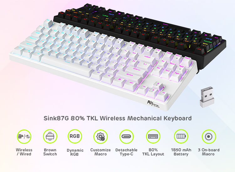 Black and White Sink87G 80% TKL Wireless Mechanical Keyboards with brown switches, dynamic RGB lighting, detachable Type-C, 1850 mAh battery, and customizable macros