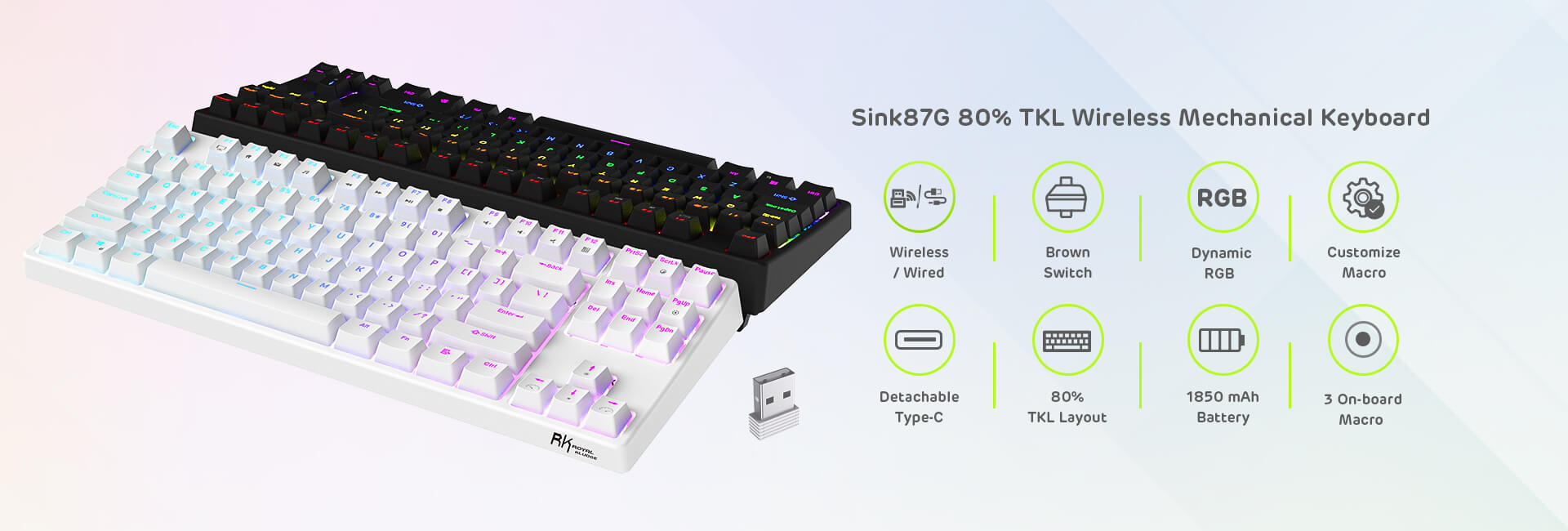 Black and White Sink87G 80% TKL Wireless Mechanical Keyboards with brown switches, dynamic RGB lighting, detachable Type-C, 1850 mAh battery, and customizable macros