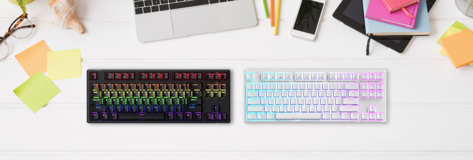 Top view of Black and White Sink87G Wireless Mechanical Keyboards with RGB backlighting on a clean desk setup