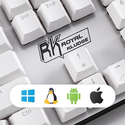 Royal Kludge RK920 keyboard compatibility icons showing support for iOS, macOS, Windows, and Android systems, as well as various devices like PCs, tablets, and smartphones