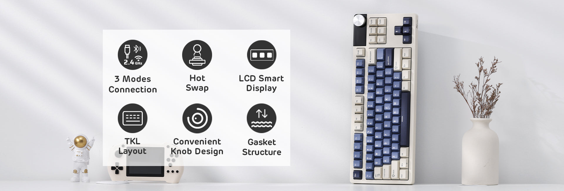 RK S85 85-Key TKL Gasket-Mounted Wireless Gaming Keyboard, Hot-Swappable Linear Cloud Switches, Cherry-Profile PBT Keycaps, 7200mAh Battery, OLED Display, Rotary Knob, Triple-Mode Connectivity (2.4GHz, Bluetooth, USB-C)