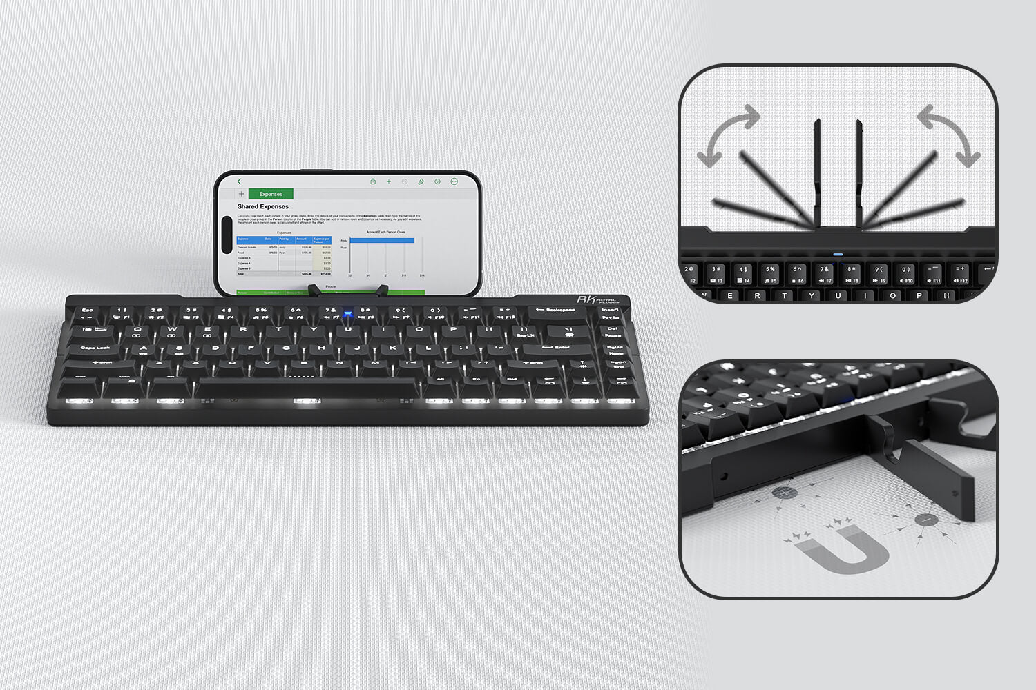 RK ROYAL KLUDGE F68 60% Foldable Low Profile Mechanical Keyboard, Wireless Mechanical Keyboard with Built-in Stand Holder