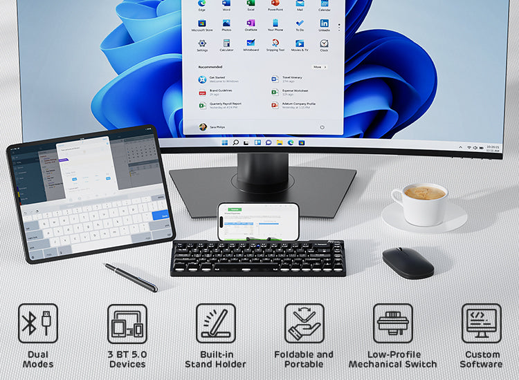 RK ROYAL KLUDGE F68 60% Foldable Low Profile Mechanical Keyboard, Wireless Mechanical Keyboard with Aluminum Body, Built-in Stand Holder, White Backlit, 68 Keys