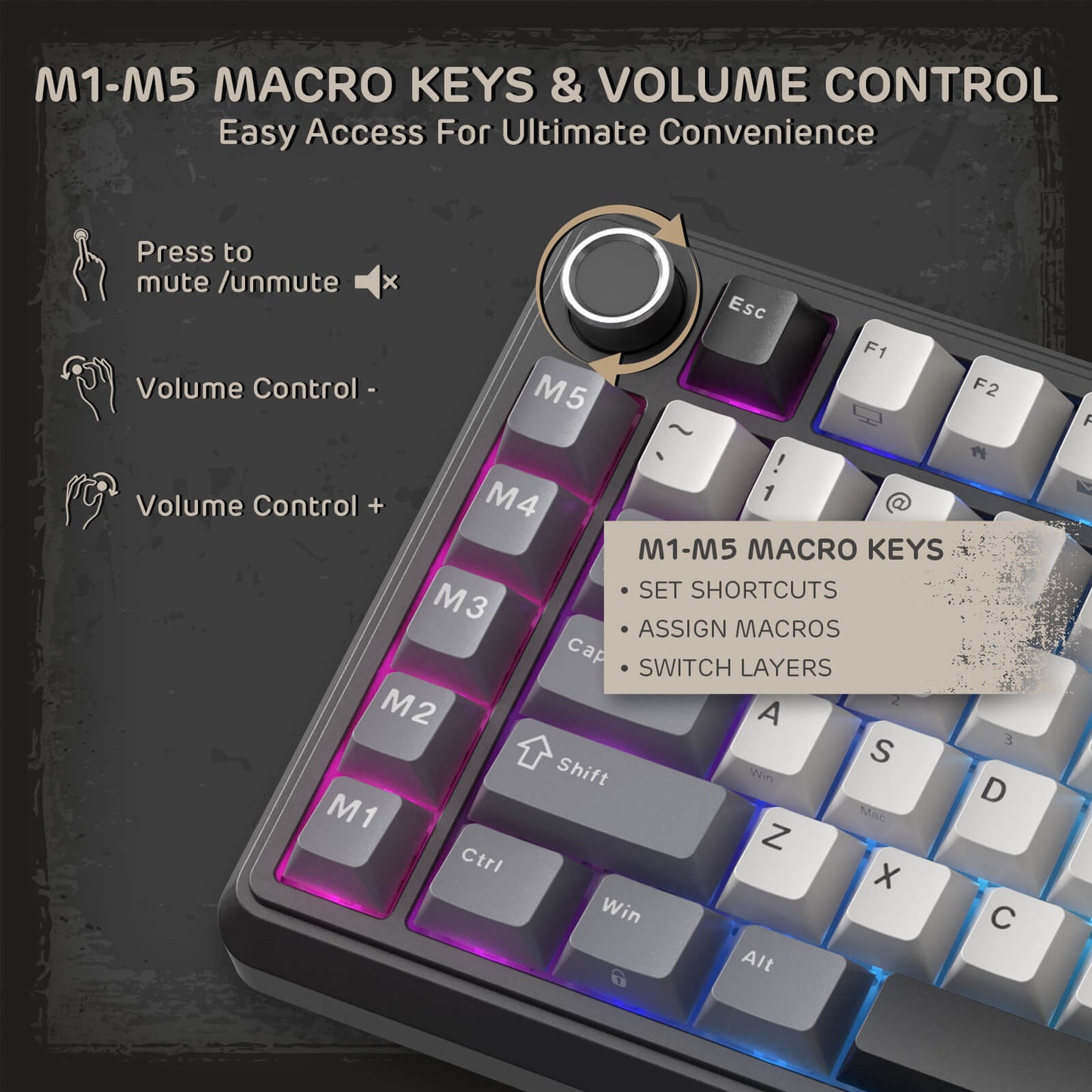 RK ROYAL KLUDGE L75 Gasket Mount Mechanical Keyboard w/Knob /Macro Keys & Touchable Nameplate, Tri-Mode 75% TKL Wireless Keyboard BT/2.4G/USB-C, Hot Swappable, Pro Software, Massive 8000mAh Battery