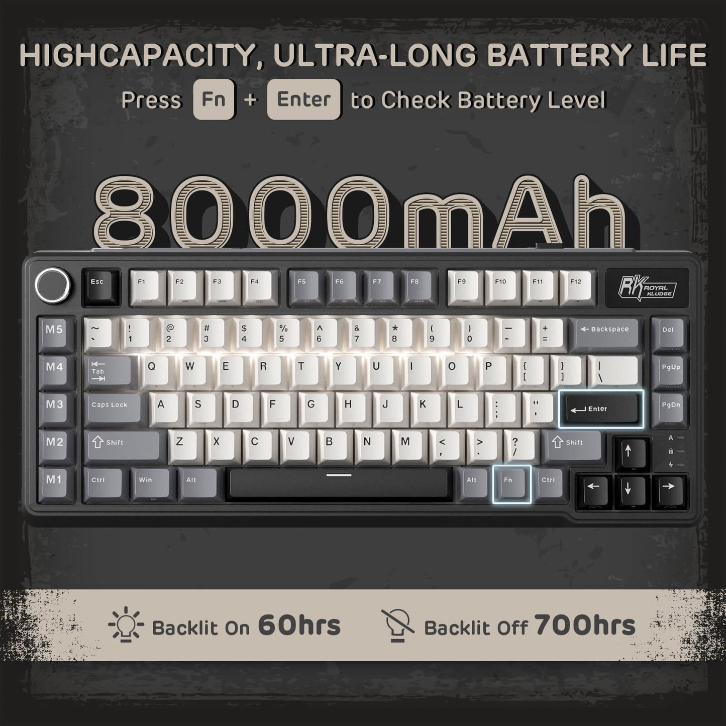 RK ROYAL KLUDGE L75 Gasket Mount Mechanical Keyboard w/Knob /Macro Keys & Touchable Nameplate, Tri-Mode 75% TKL Wireless Keyboard BT/2.4G/USB-C, Hot Swappable, Pro Software, Massive 8000mAh Battery