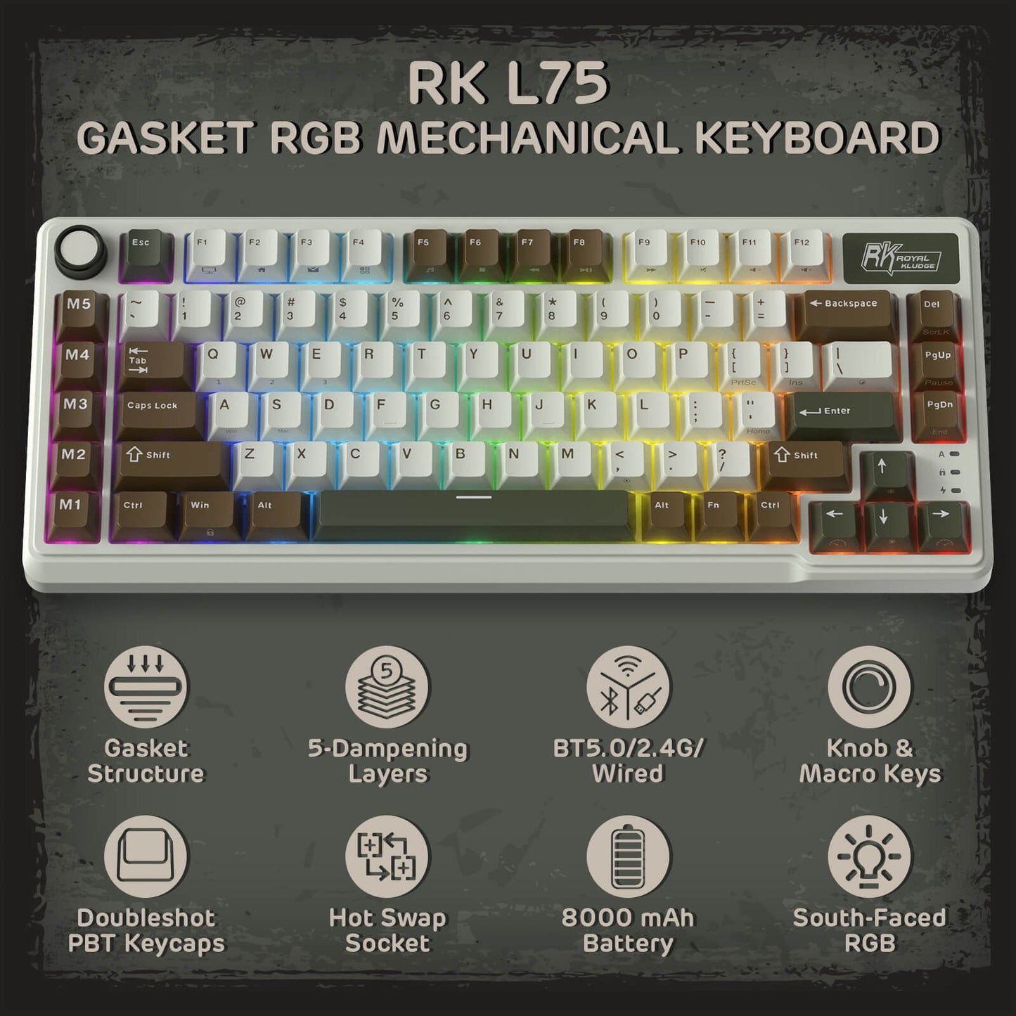 RK ROYAL KLUDGE L75 Gasket Mount Mechanical Keyboard w/Knob /Macro Keys & Touchable Nameplate, Tri-Mode 75% TKL Wireless Keyboard BT/2.4G/USB-C, Hot Swappable, Pro Software, Massive 8000mAh Battery